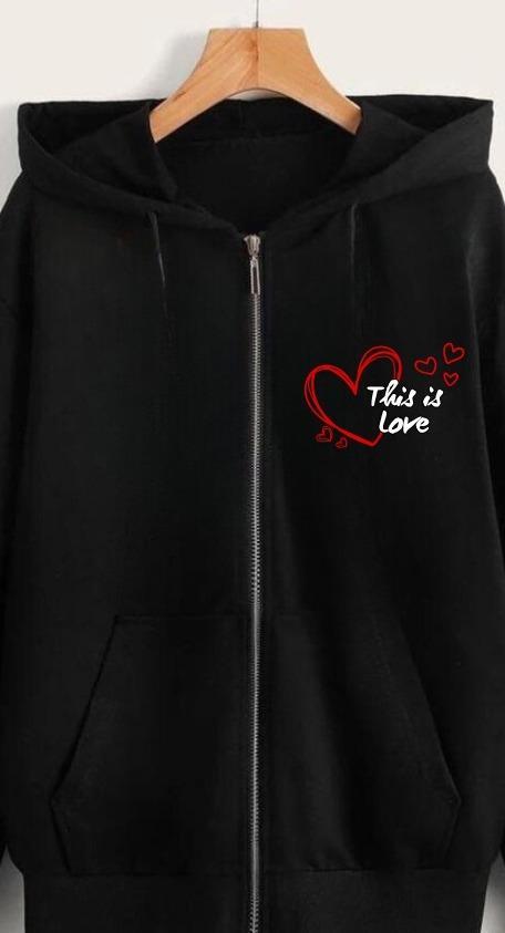 Stylish Printed Zip-Up Hoodie - 1 Pc - Black Cotton Blend