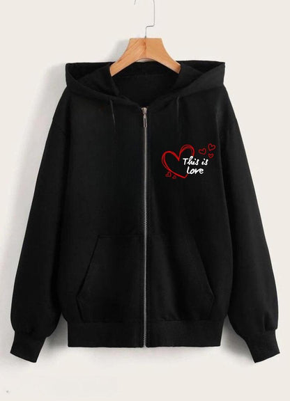 Stylish Printed Zip-Up Hoodie - 1 Pc - Black Cotton Blend