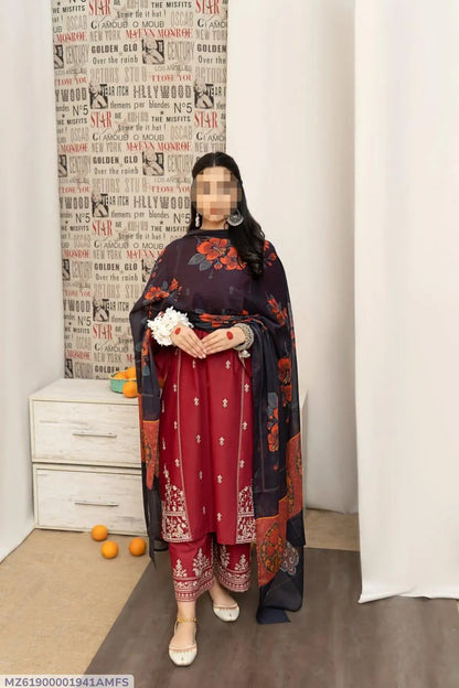 *: 3 Pcs Women's Unstitched Embroidered Suit